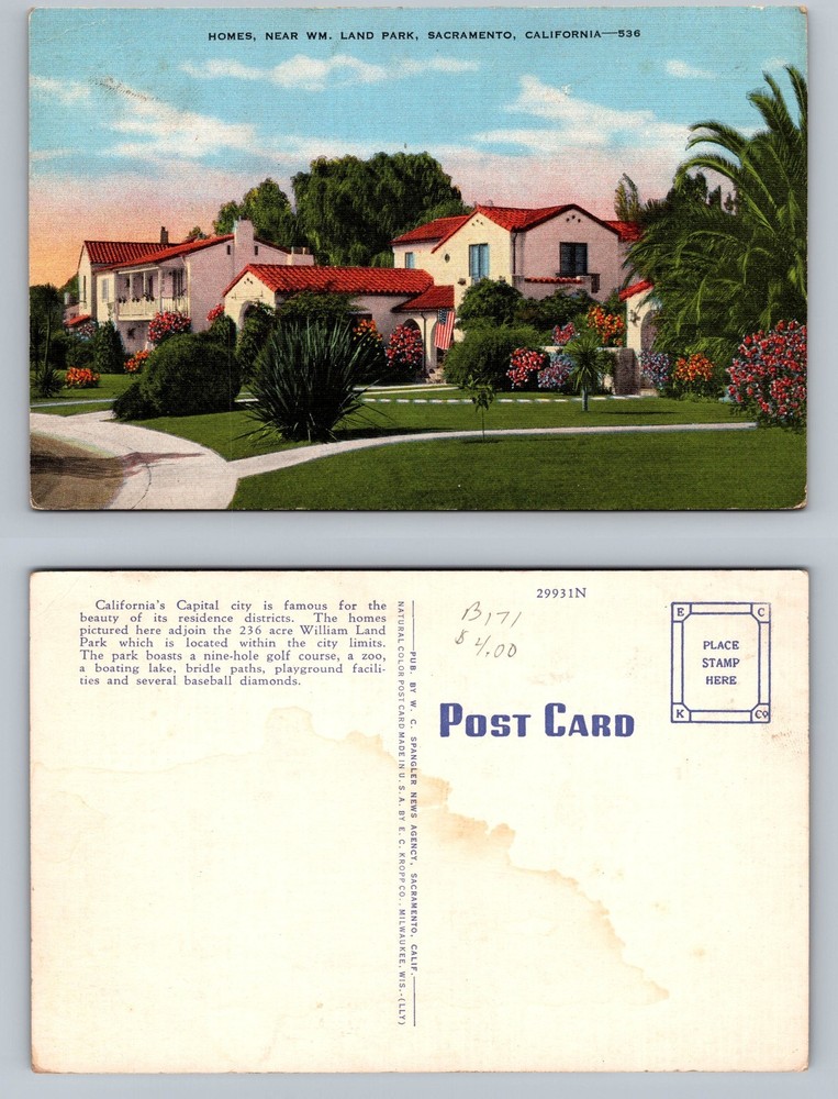 Sacramento, CA-California Land Park Home District View Souvenir Vintage Postcard