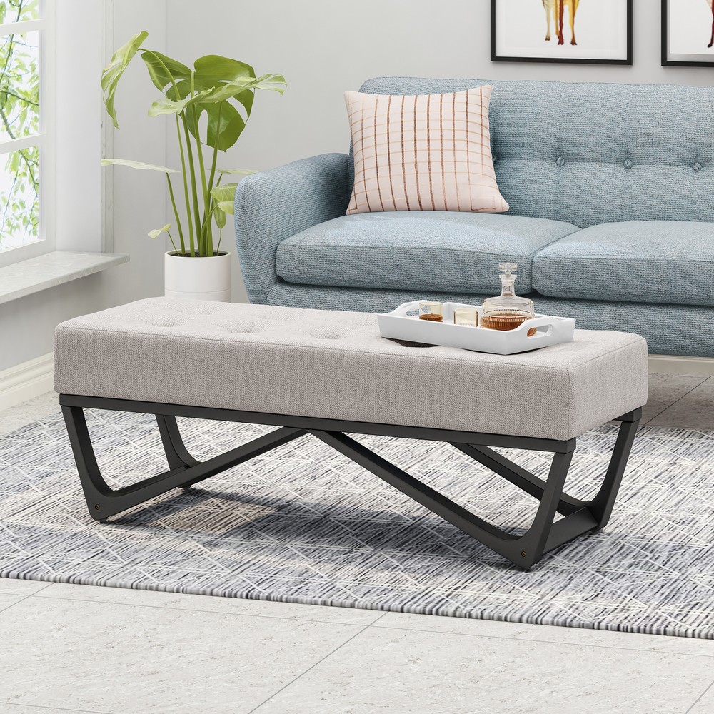 Modern Ottoman with Button Tufted Waffle Stitch in Light Grey Geometric Design