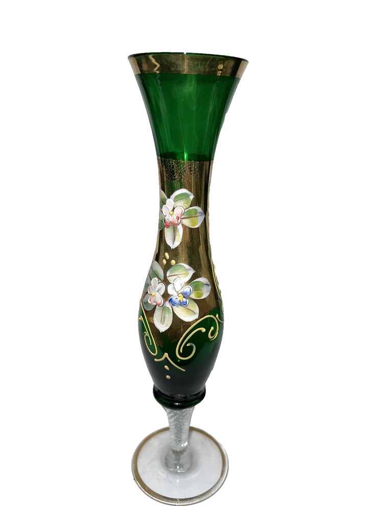 Bohemian Art Glass Green Hand Painted Enamel Flowers Gilded Vase 10