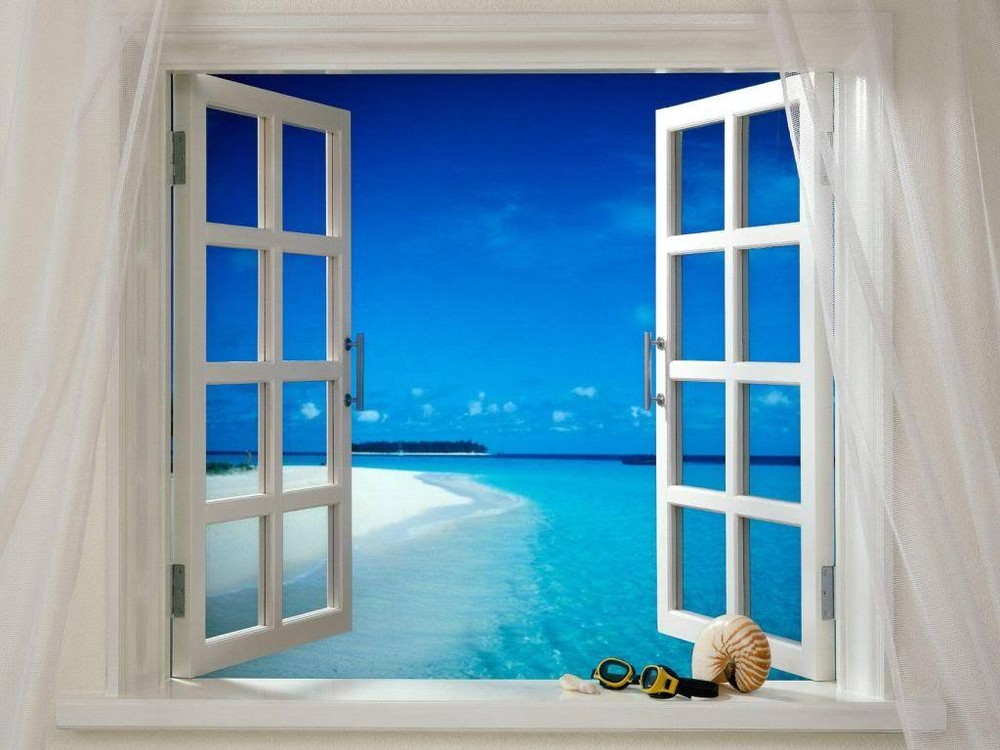 BEAUTIFUL TROPICAL SEA VIEW Through Window *FRAMED* CANVAS ART - 24x16