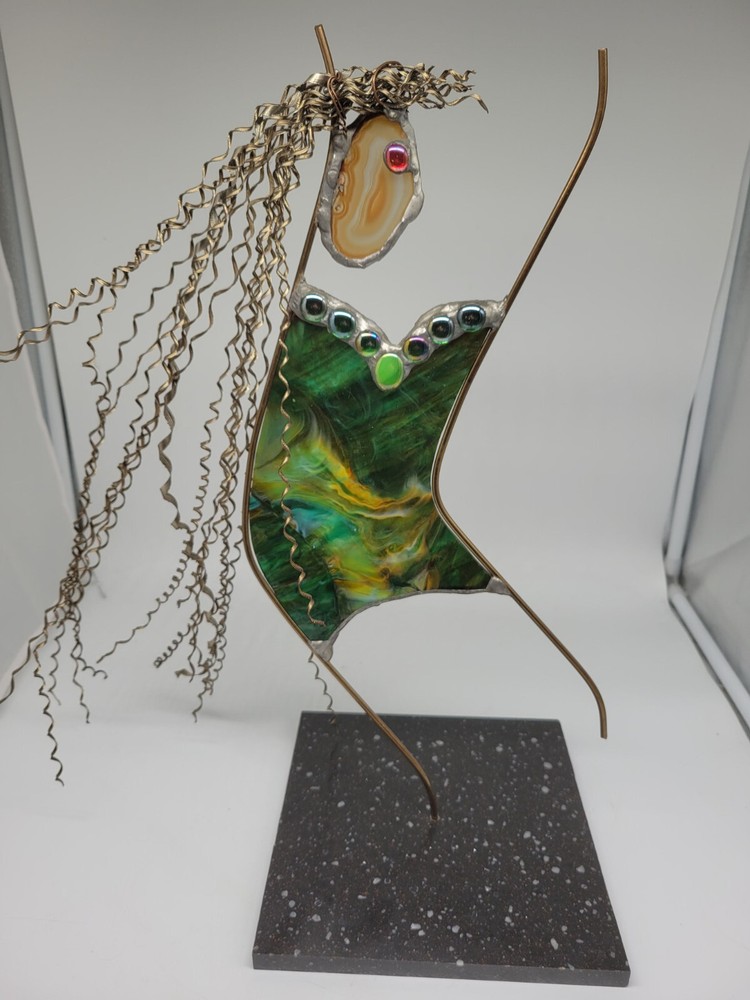 Art GLASS SCULPTURE OF A LADY With Wire Hair With Base Artist Signed Abstract-image
