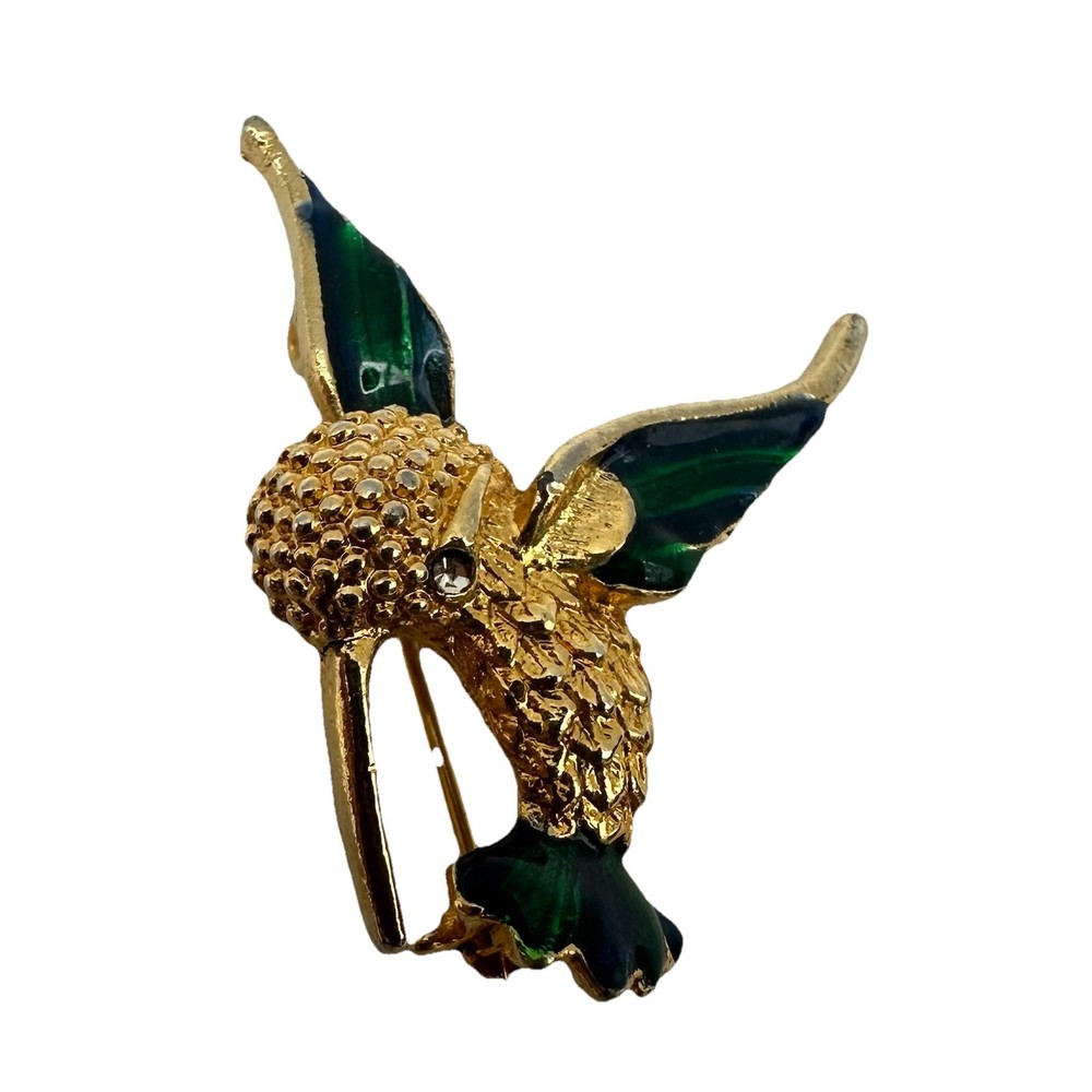 Vtg Hummingbird Brooch Pin Gold Tone Green Enamel Rhinestone Eye Bird Jewelry