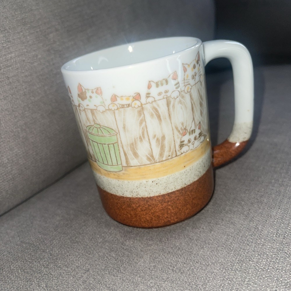 Vintage Otagiri Alley Cats Coffee Mug Speckled Stoneware Japan Kitties Trash Can