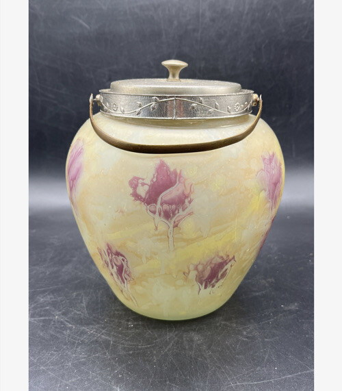 Antique Cookie Biscuit Barrel Jar Silver handle Abstract Art Design With lid-image