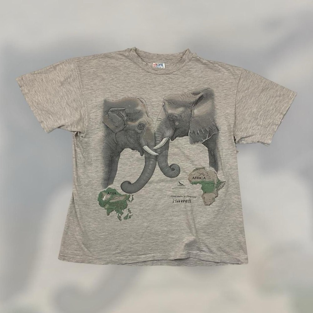 VTG 90s Hanes Harlequin Elephant Hawaii Graphic Tee Adult L Gray Distressed Vintage USA