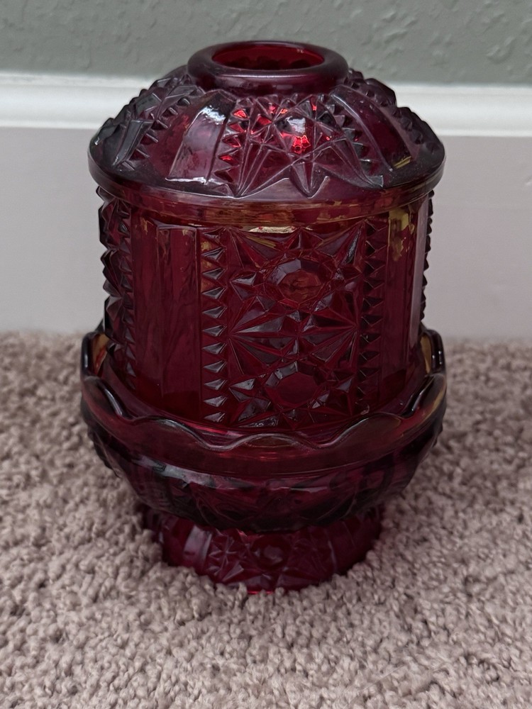 Vintage Indiana Glass Stars & Bars Amber/Red Fairy Lamp Candle Holder