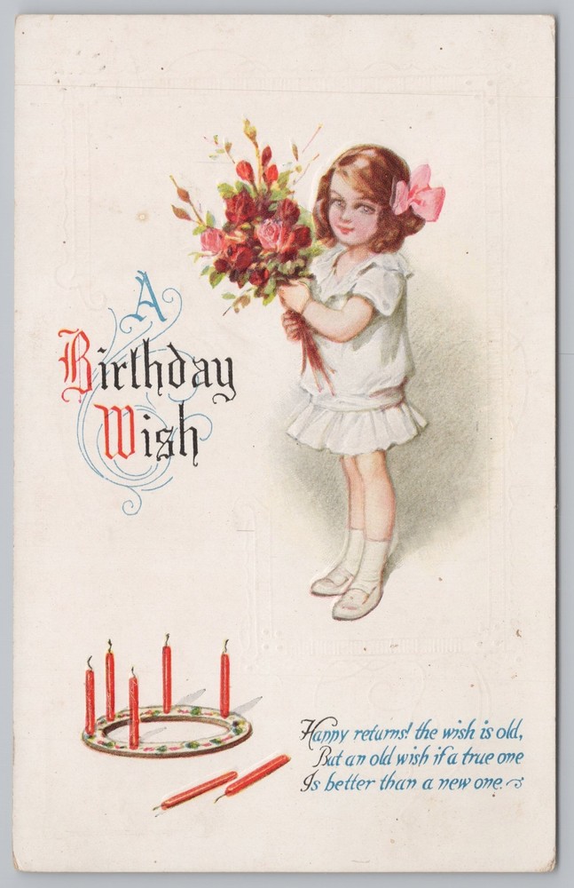 Greetings~Girl Holding Bouquet of Roses Birthday Wish~Vintage Postcard