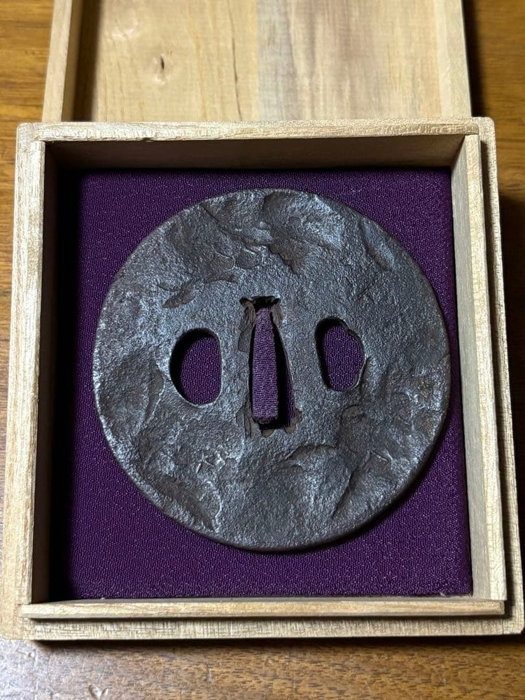 Iron Large Round Tsuba Black Antique with Wooden Box 140g Japanese Art