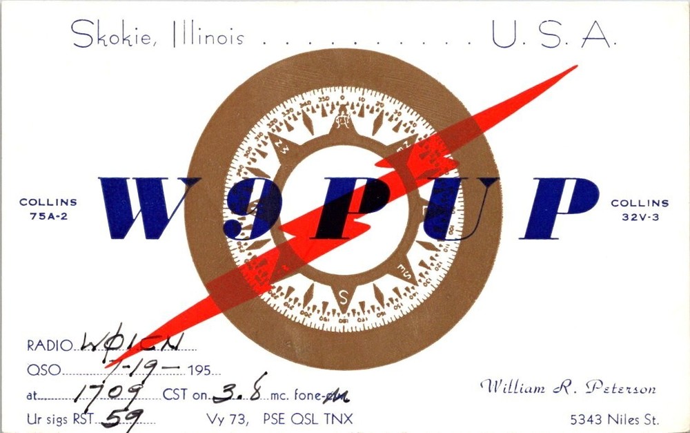 1953 W9PUP Wm Peterson Skokie Illinois Vintage CB Ham Radio QSL Postcard