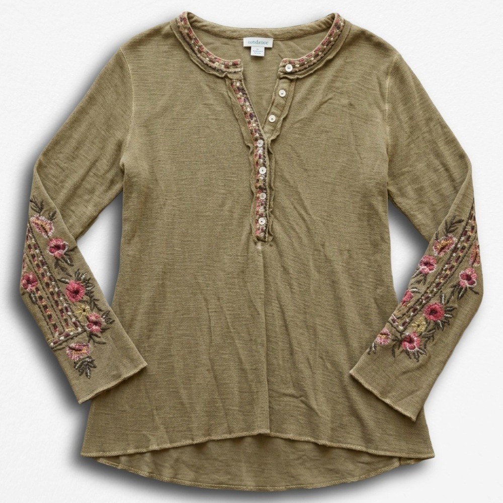 Sundance Womens Brown Floral Embroidered Henley Long Sleeve Top Size M Boho