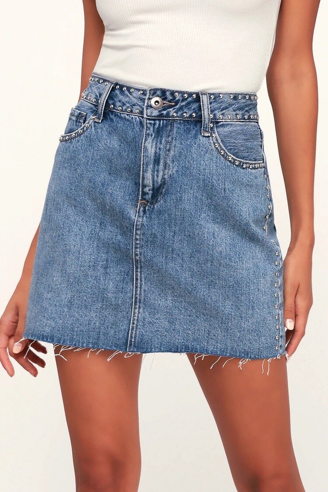 Revolve Pistola Studded Raw Hem Denim Mini Skirt Size 29 Medium Wash $138