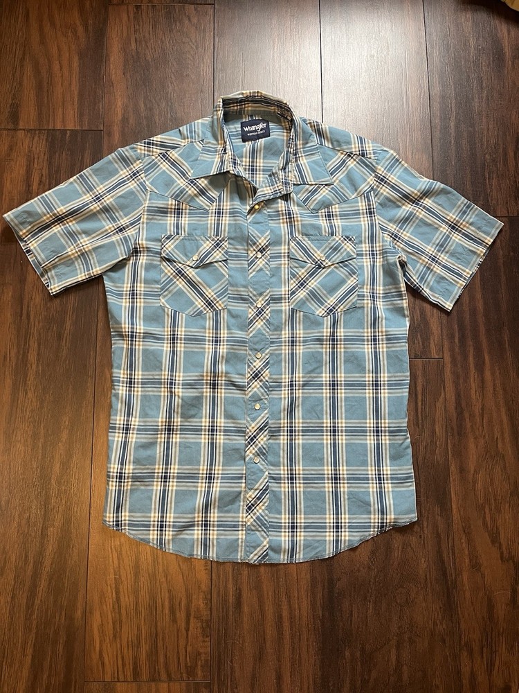 Wrangler Western Shirt Mens Plaid Pearl Snap Short Sleeve Blue Cowboy Size M