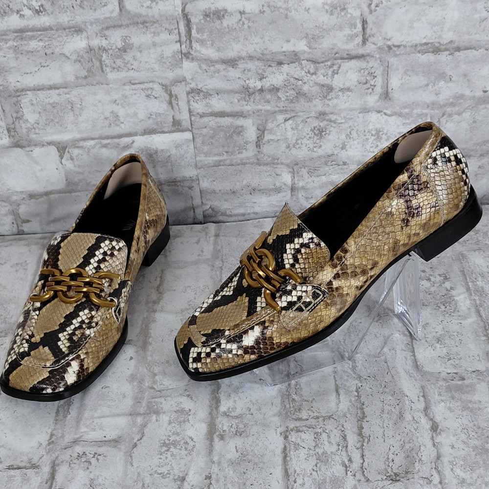 Zara Snakeskin Print Leather Loafers Womens 9 Chain Slip On Statement Square Toe