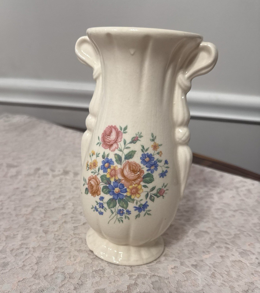 Vintage Shabby Chic Floral Ceramic Vase Double Handle Cream Crazing Fluted 7.5