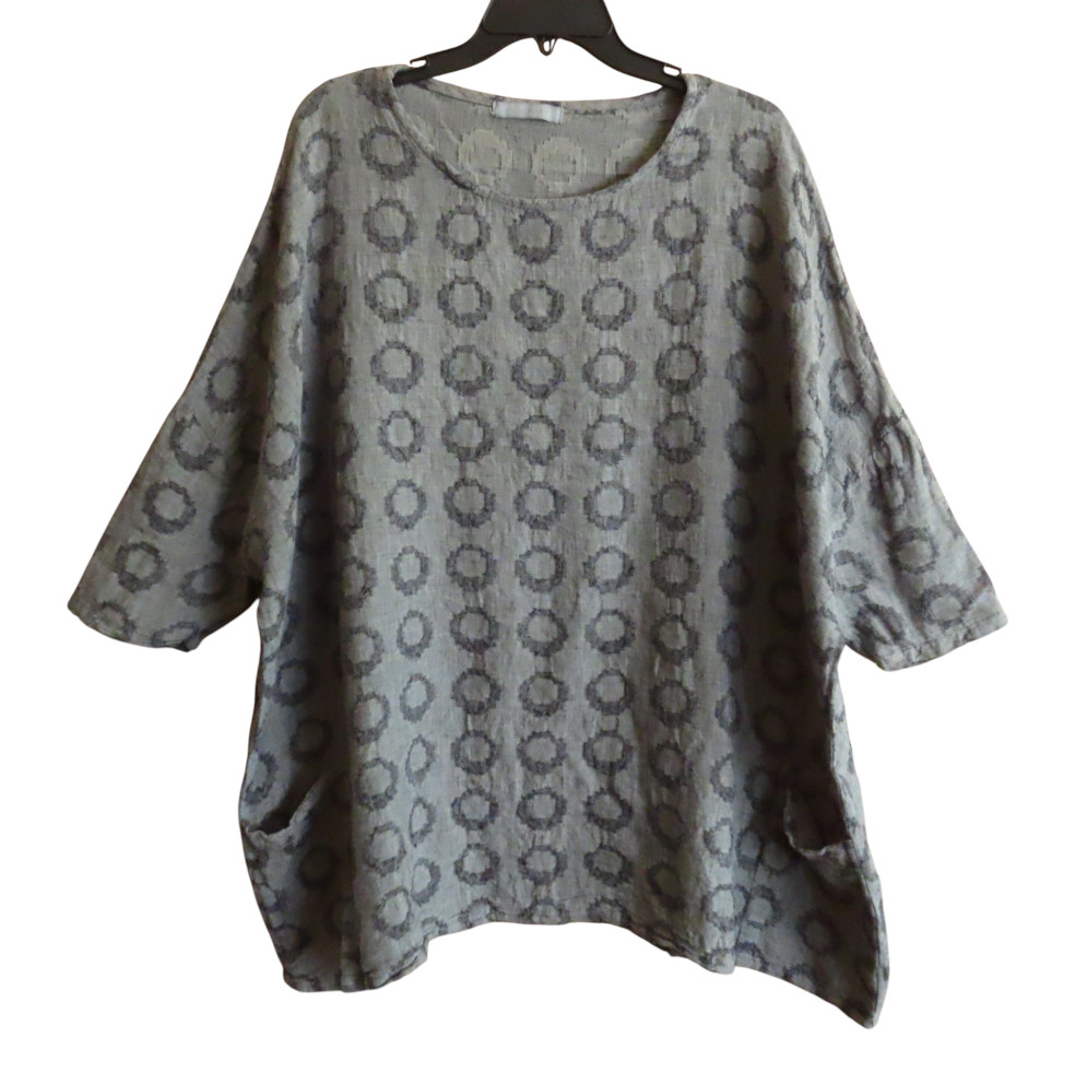 CUT LOOSE Oversized Boxy Tunic Top 2-TONE GRAY CIRCLES PRINT Slub Gauze Weave XL