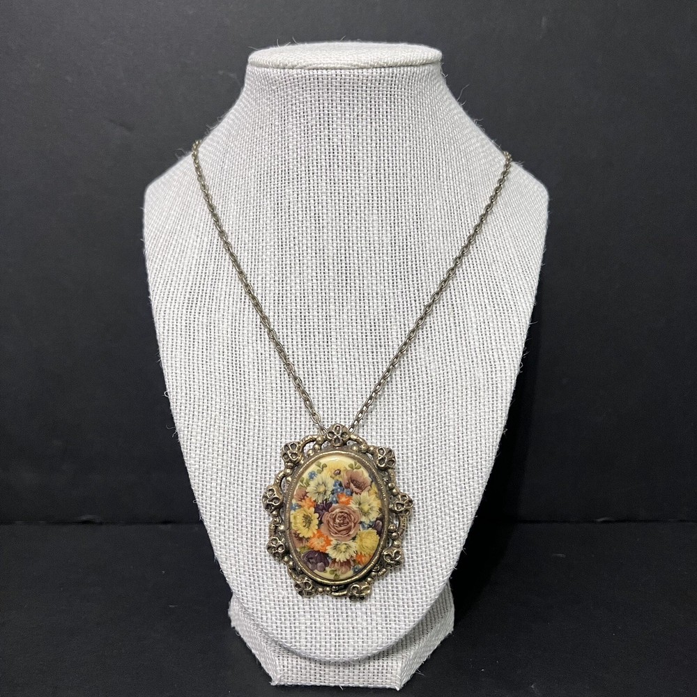 Vintage Hand-painted Victorian Cameo Filigree Floral Ceramic Necklace Brooch Pin