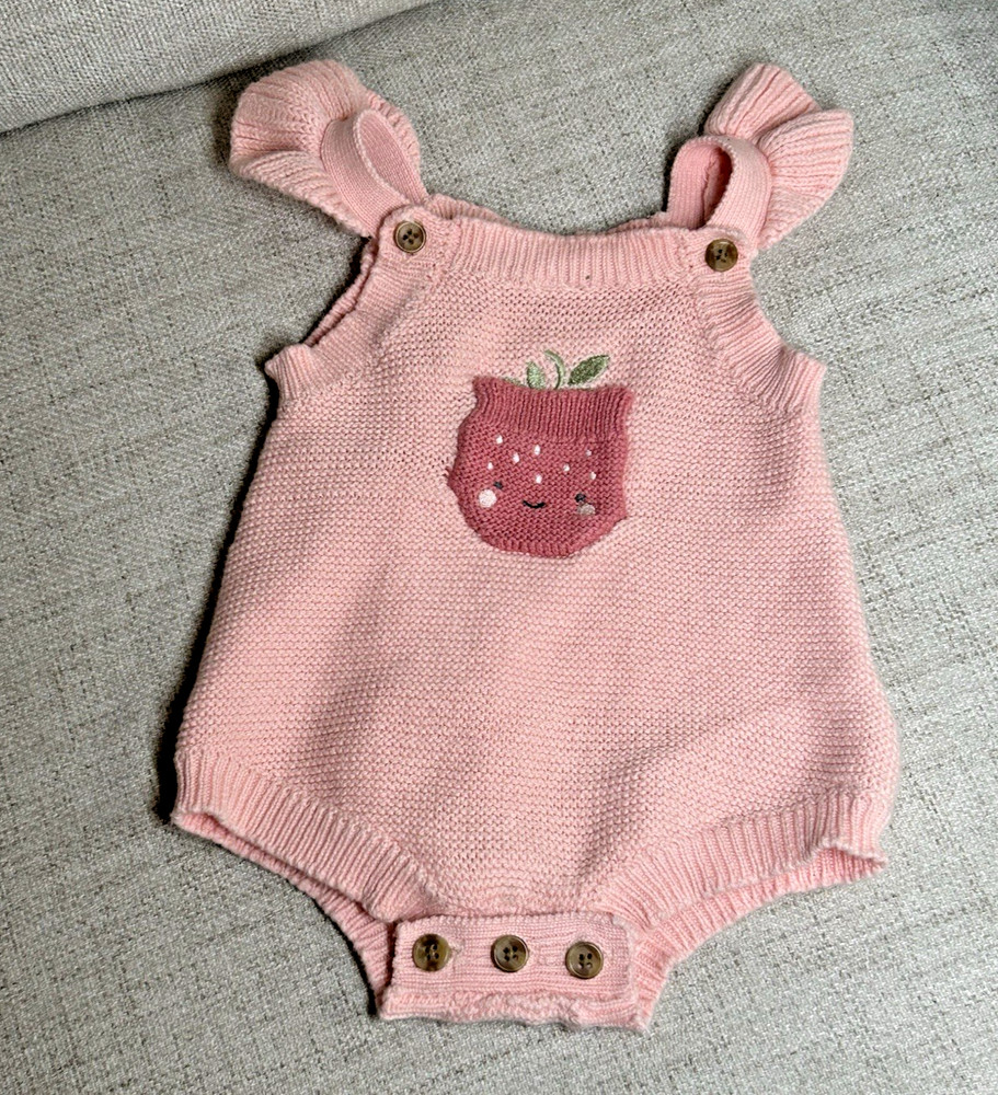 Little Lass Baby Girl Pink Sweater Knit Romper Appliqué Ruffle Straps 0/3M EUC