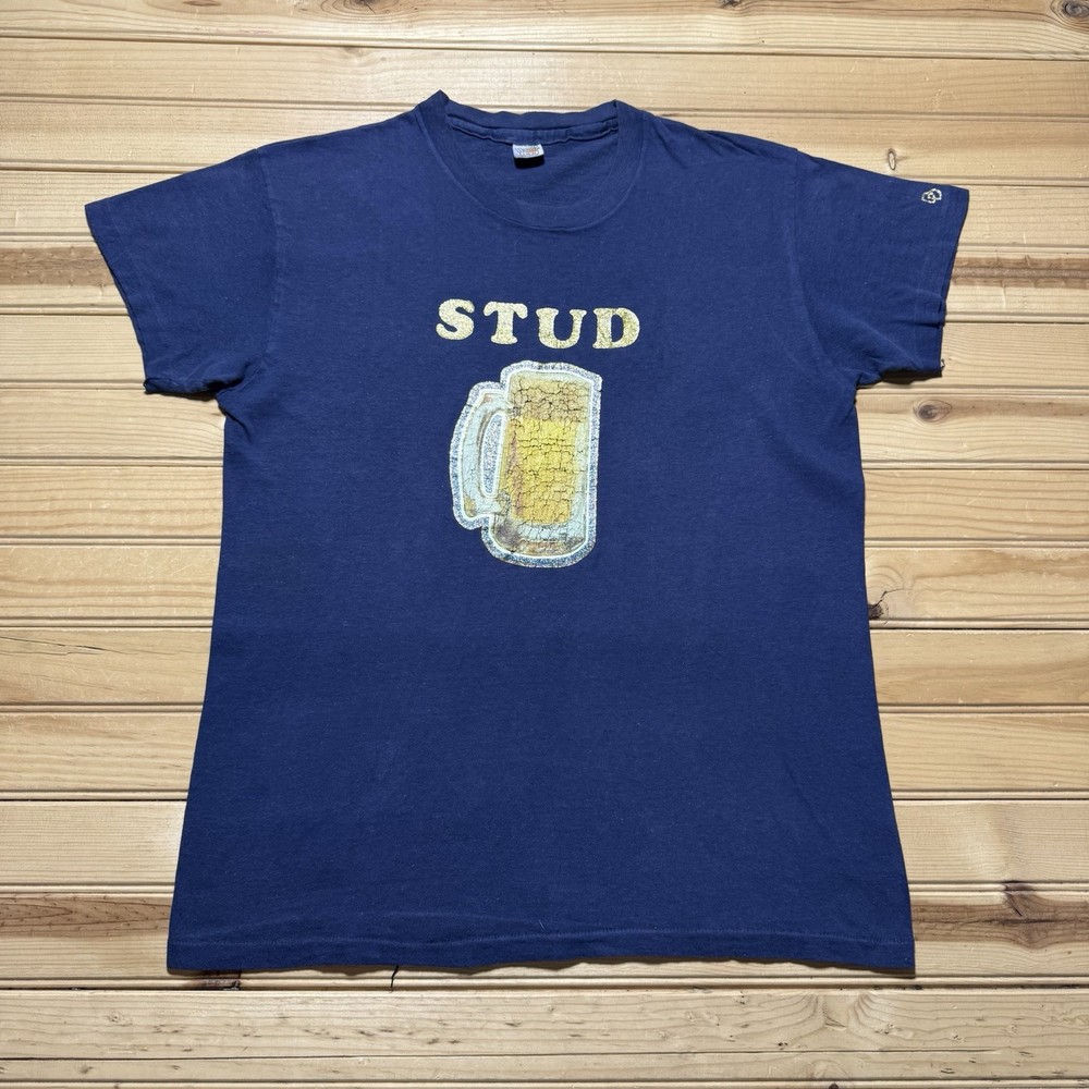 Vintage 70s Hanes STUD Beer Glass Mug Humor Iron On Graphic Shirt Size Med/Large