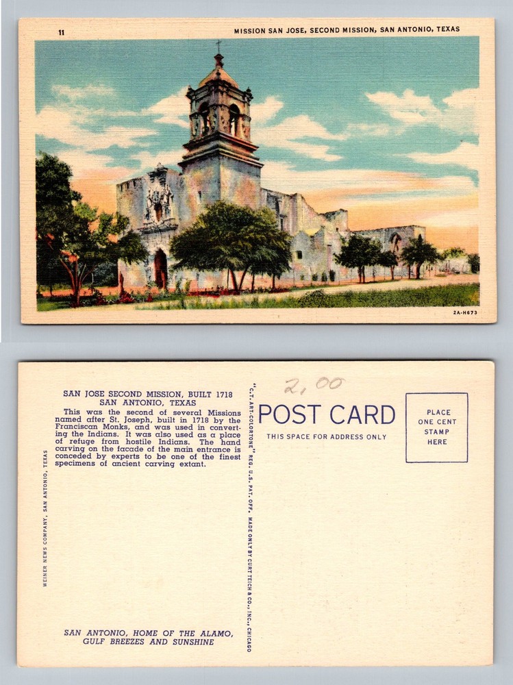 San Antonio, TX-Texas, 1718 Mission San Jose Second Mission Vintage Postcard