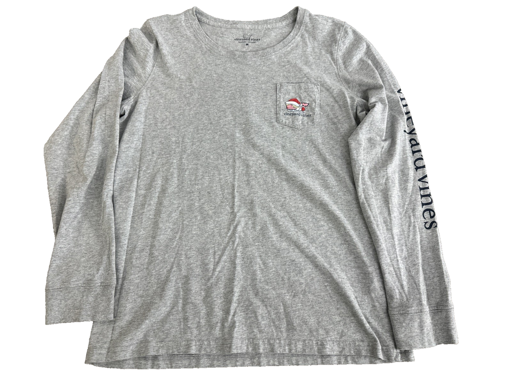 Vineyard Vines Women's M Gray 'Merry Christmas' Santa Whale Long Sleeve T-Shirt.