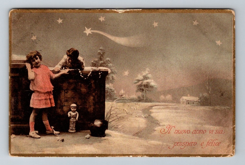 Italy- Happy New Year Greetings Children Postal Old Card Vintage c1918 Postcard