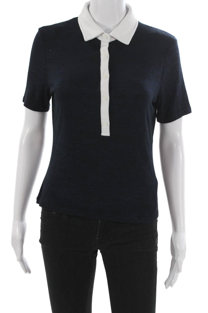 Rag & Bone Women Basic Collared Short Sleeve Viscose Button Polo Blue Size MFree Shipping in US $100+ Orders | $6.95 Orders Below
