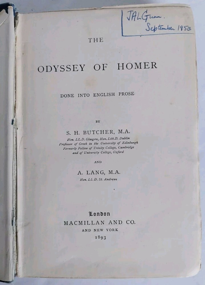 *Rare* The Odyssey Of Homer By S. H. Butcher & A. Lang 1893 Hardcover