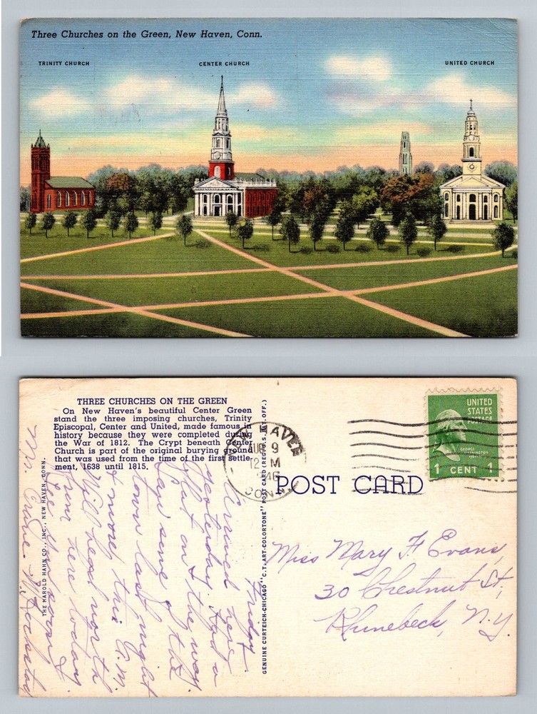 New Haven, CT-Connecticut, Three Churches on the Green Post Vintage Postcard