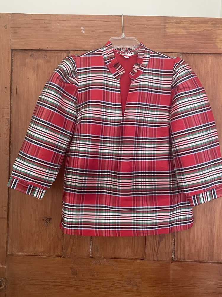 Crown & Ivy Red Black White Green Plaid Ruffle Top Size M Women’s
