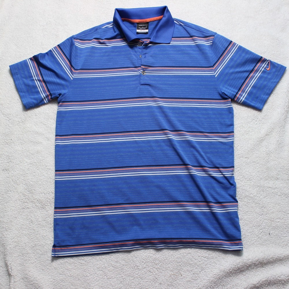 Nike Golf Dri-Fit Striped Polo Shirt Size M Blue Orange White Performance Polo