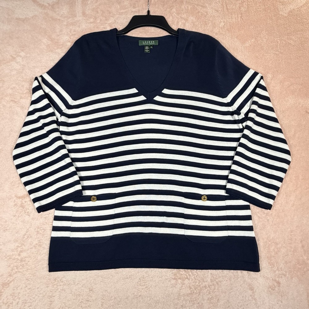 Lauren Ralph Lauren Shirt Womens XL Blue White Stripe V Neck Top Pockets Nautica