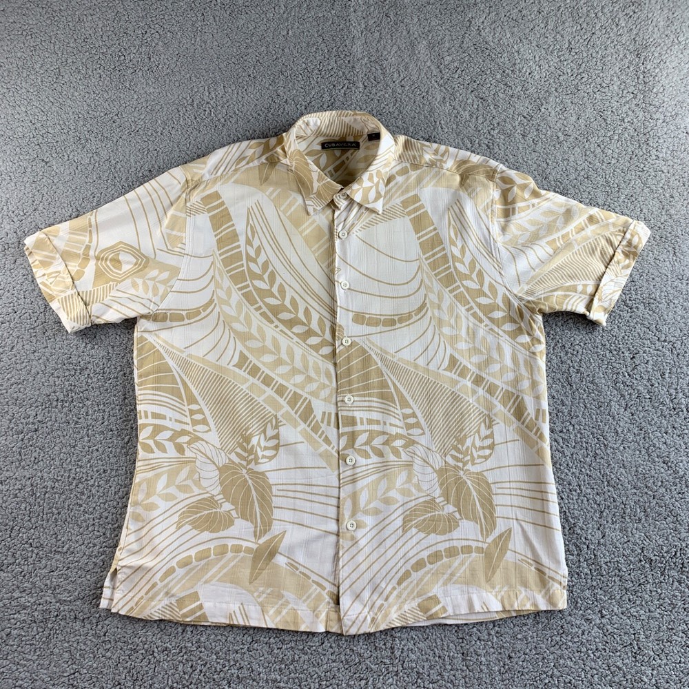 Cubavera Men's XL Ivory Beige Floral Rayon Tropical Hawaiian Shirt Camp Casual