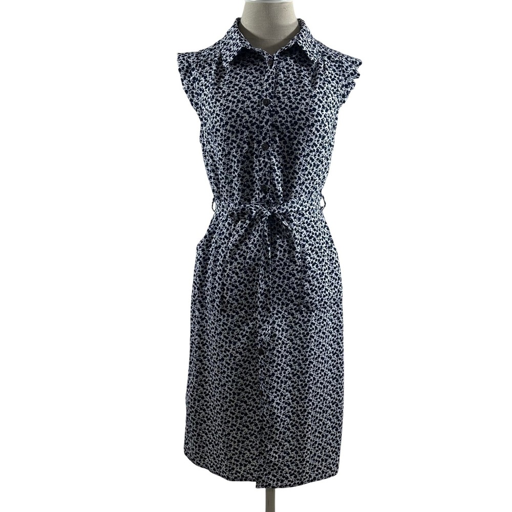 Monteau Women's Dress Navy Blue Floral Belted Pockets Button Down Midi Size M