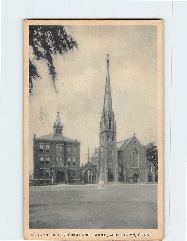 Postcard St. John's Roman Catholic Church & School Middletown Connecticut USA