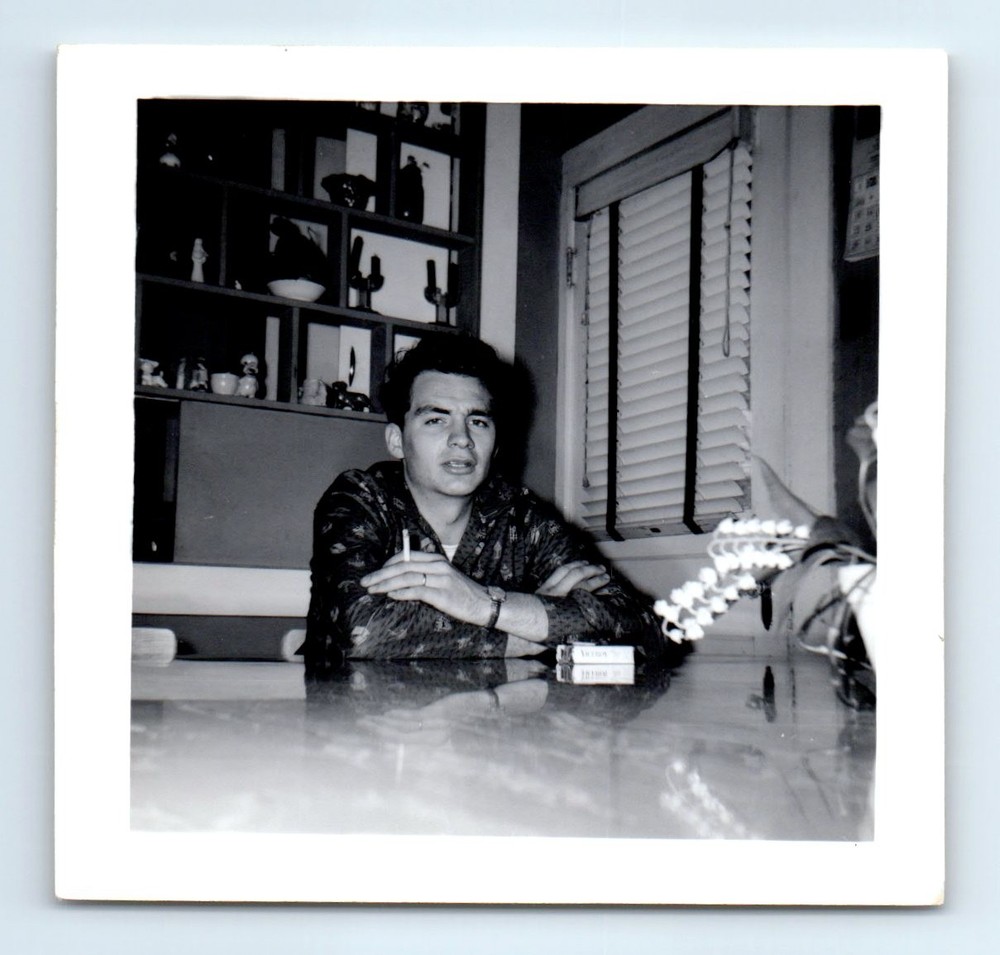 Old Vintage Square Photo SOLO MAN SMOKING CIGARETTE IN DINING ROOM SNAPSHOT