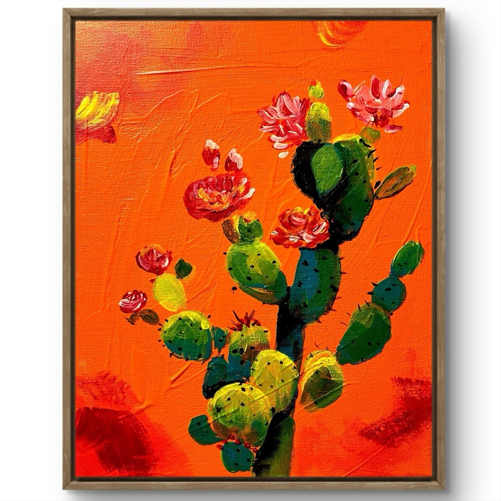 TITA PAINTZ Saguaro Cactus Orange Sky Bold Hand Painted Wall Art 8x10 Canvas