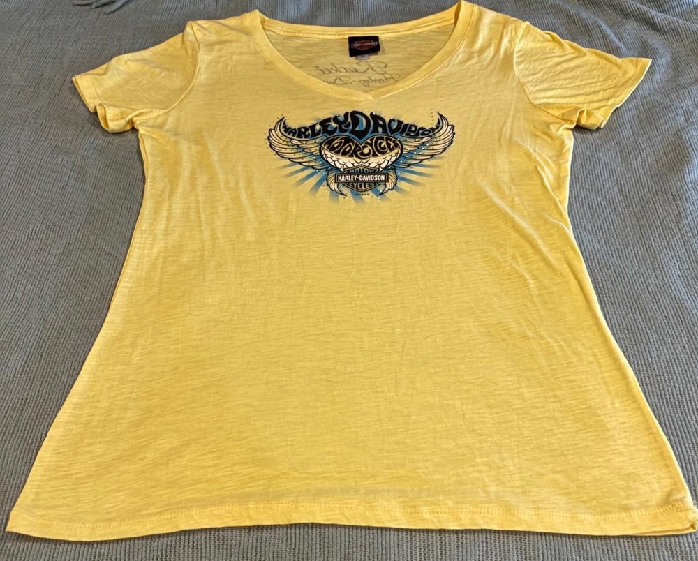 Harley Davidson Women’s Top XL Yellow Huntsville AL Studded Heart Wings Rocket