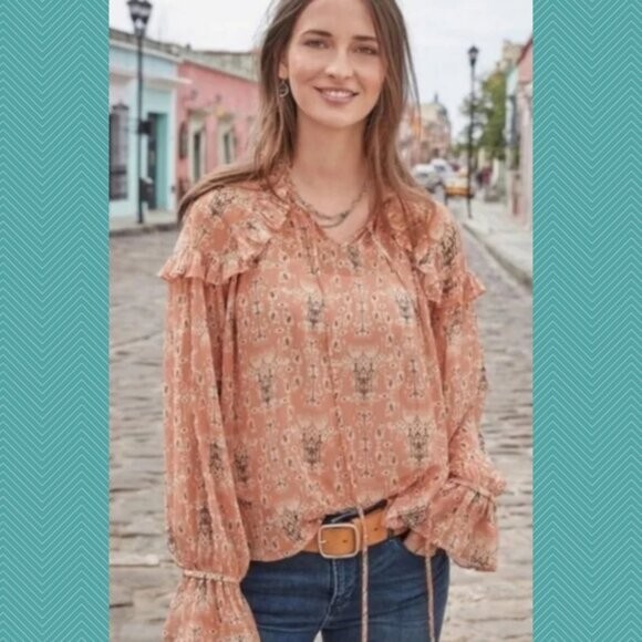 Sundance Pale Orange Artsy Print Ruffle Sheer Peasant Blouse in Women's Size M