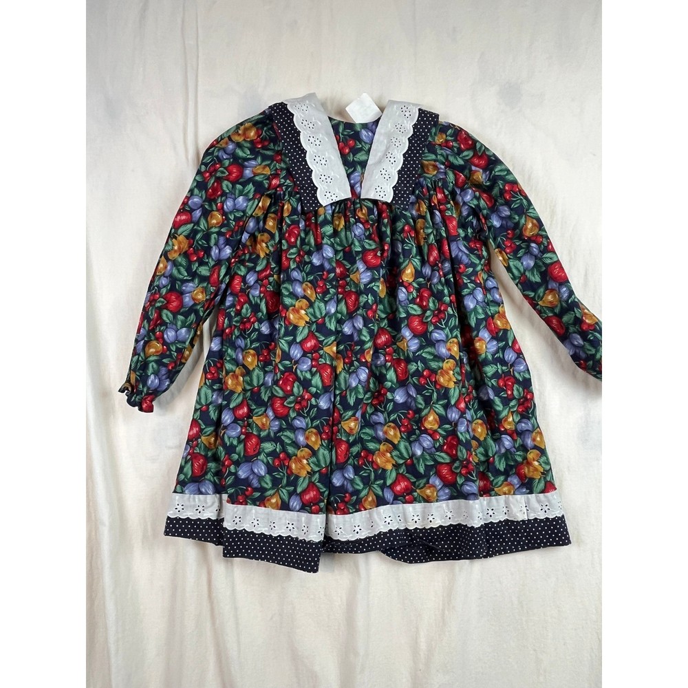 Claire Bell Girls Fruit Print Dress Long Sleeve Eyelet Lace Sailor Collar 6X