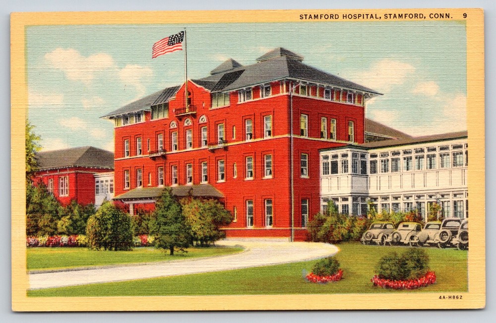 Connecticut~Stamford Hospital~Red Brick Bldg~Cars~USA Flag~Linen 1940s Postcard