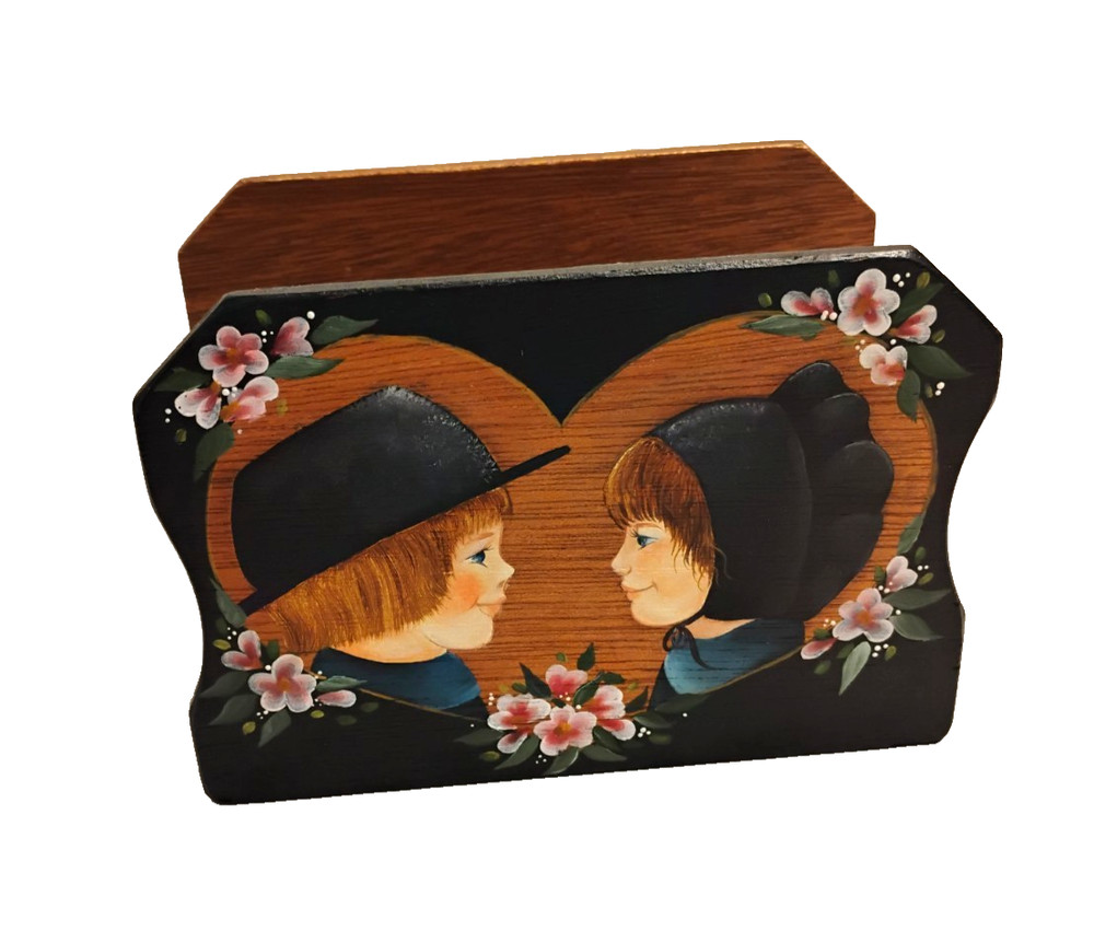 Primitive Handpainted Amish Couple Boy Girl Wooden Napkin Holder