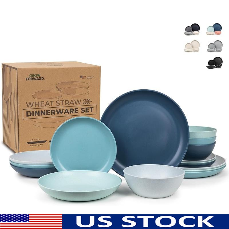 Wheat Straw Dinnerware Set 16Pc Unbreakable Microwave Safe Eco Stackable Durable