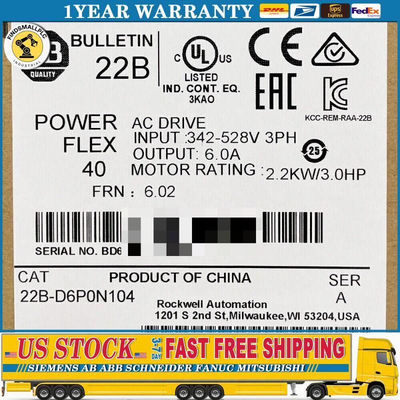New 22B-D6P0N104 Allen-Bradley Powerflex 40 AC Drive 3.0Hp 2.2kW 22BD6P0N104