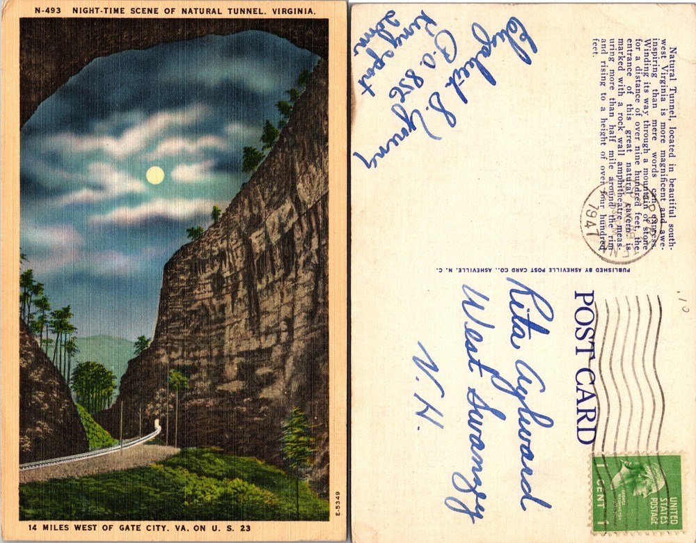 Natural Tunnel Night Scene Virginia VA Postcard