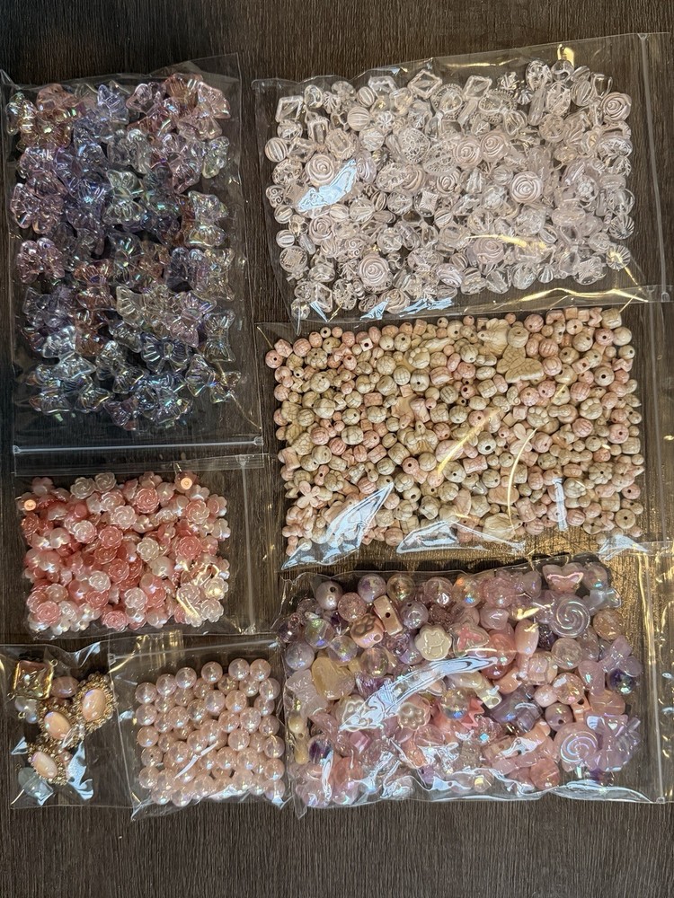 Plastic Acrylic Beads Loose Round Flower Oval Heart Pink Purple Glossy Iridesce…