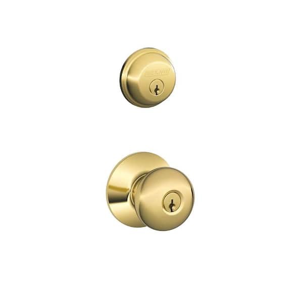 Schlage Plymouth Bright Brass Double Cylinder Deadbolt with Keyed Entry Door Knob