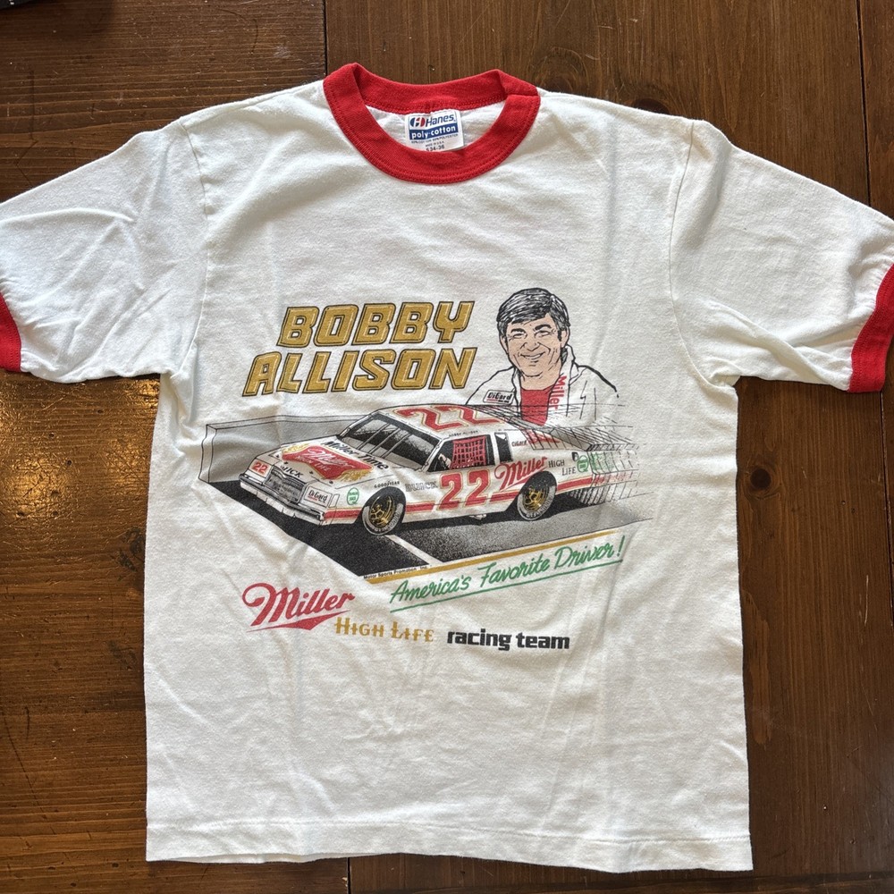 Vintage 1980s Hanes Bobby Allison Miller High Life Racing Team Ringer T-shirt.