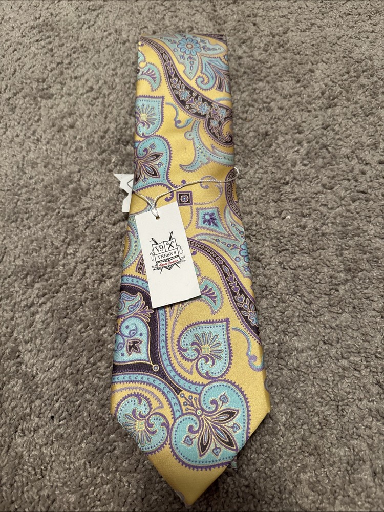 Verse 9 NWT Silk Design Paisley Edition Multi Color Yellow/Blue Tie & Hanky Set