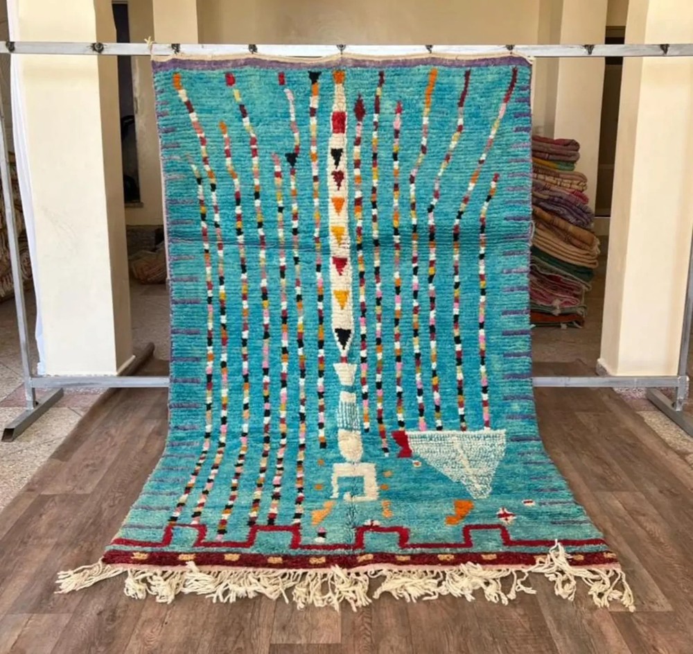 Turquoise Blue Azilal Rug – Handmade Moroccan Wool Carpet, Colorful Tribal