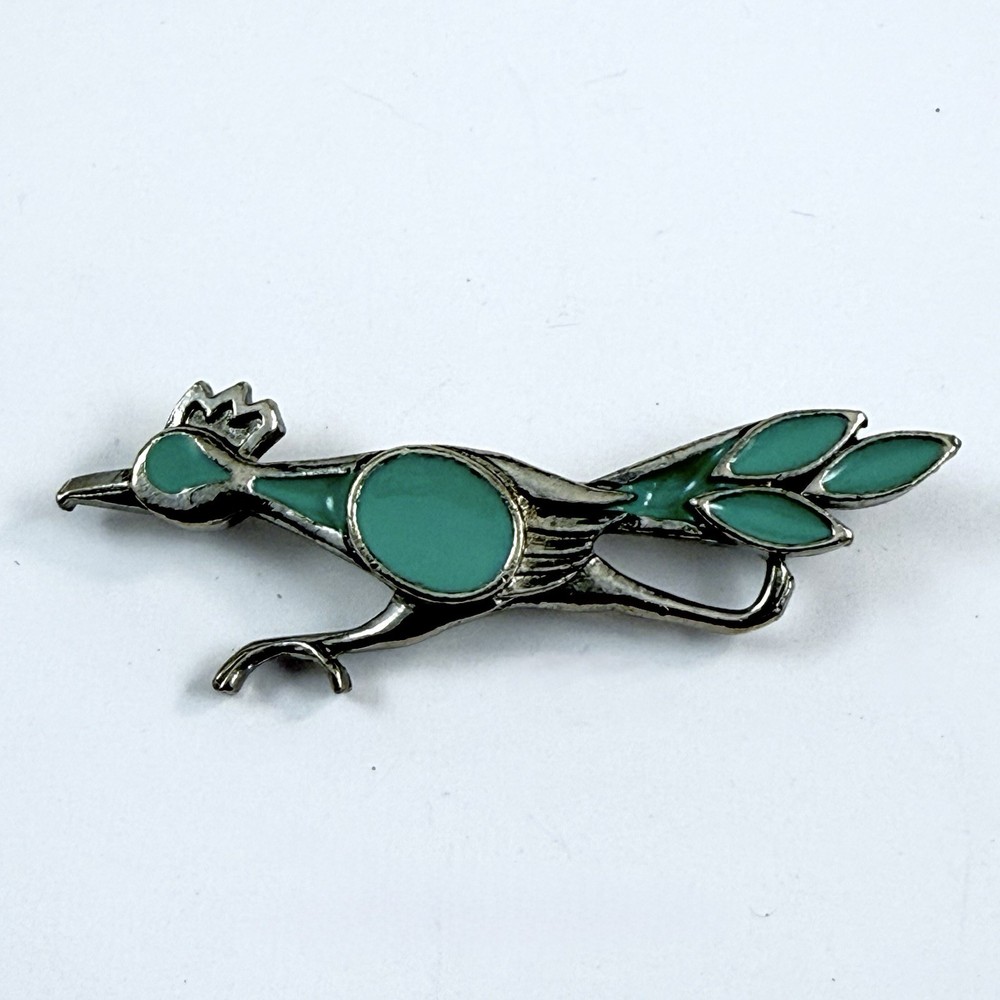 Vintage Blue Enameled Roadrunner Bird Brooch Silver Tone Southwestern Pin